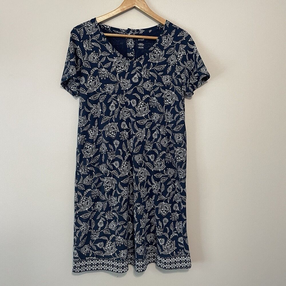 J Jill Pure Jill Navy Floral Print Buttoned Back T Shirt Dress S Pockets Cotton